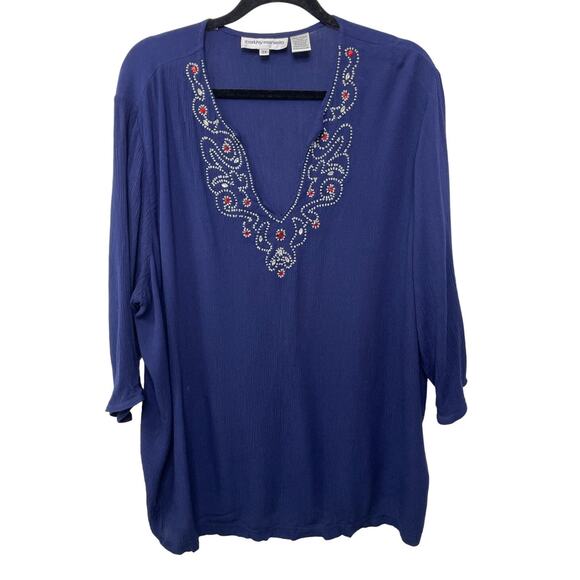 Cathy Daniels Embroidered High Low Tunic Blouse Navy Blue Women's Plus Size 2X - Picture 1 of 10